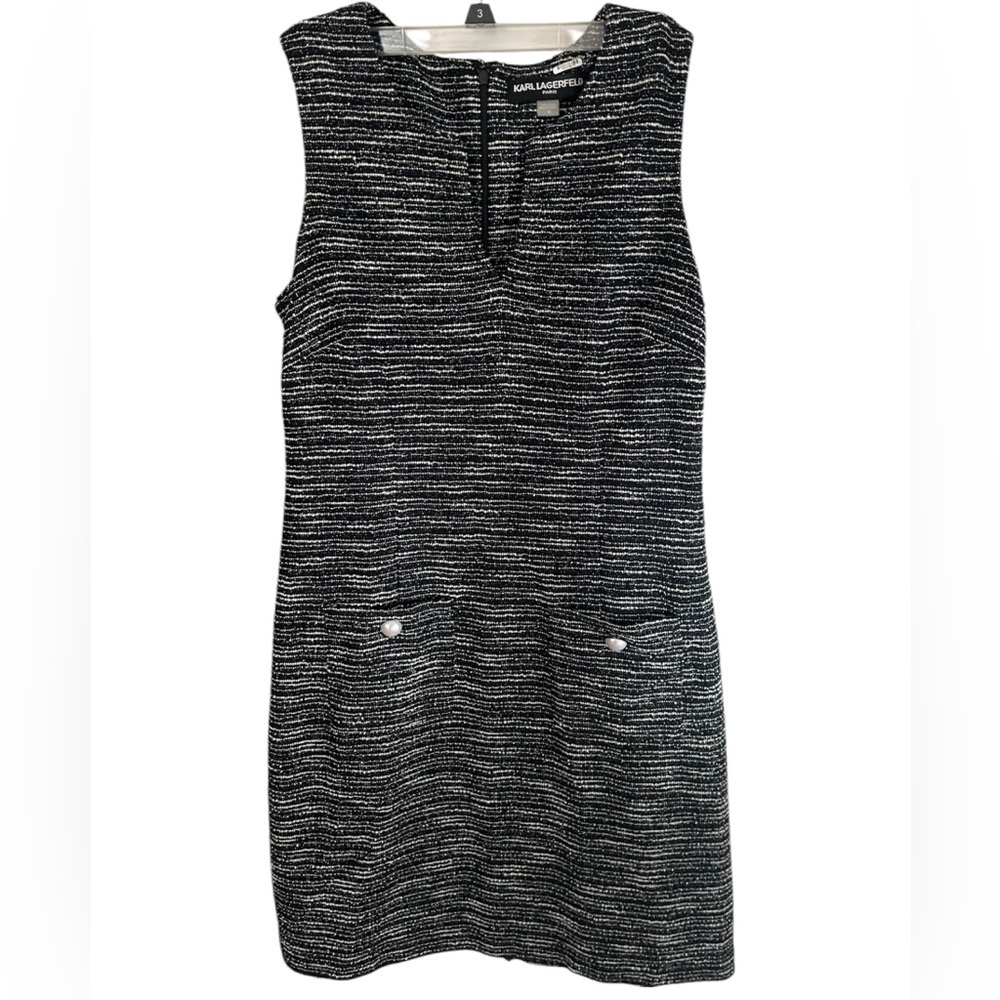 Karl Lagerfeld Paris Women’s Tweed Knit Black White Silver Metallic Sheath Dress